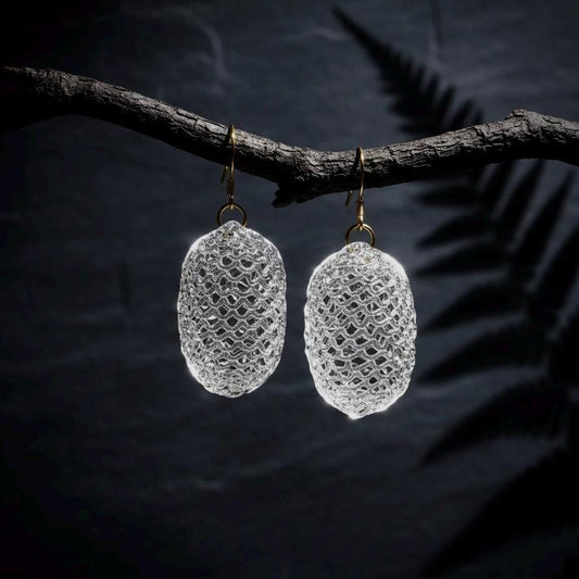 Lampwork Glass Cocoon Earrings, Sculptural Woven Glass Jewelry, Sterling Silver Ear Hooks, Gift for Her