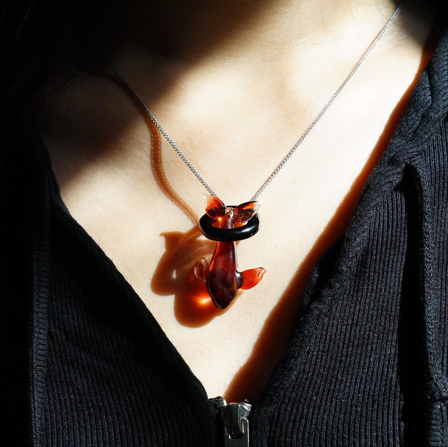 Glass Dolphin Pendant Necklace - Lampwork Marine Animal Jewelry - Unique Ocean Theme Statement Gift
