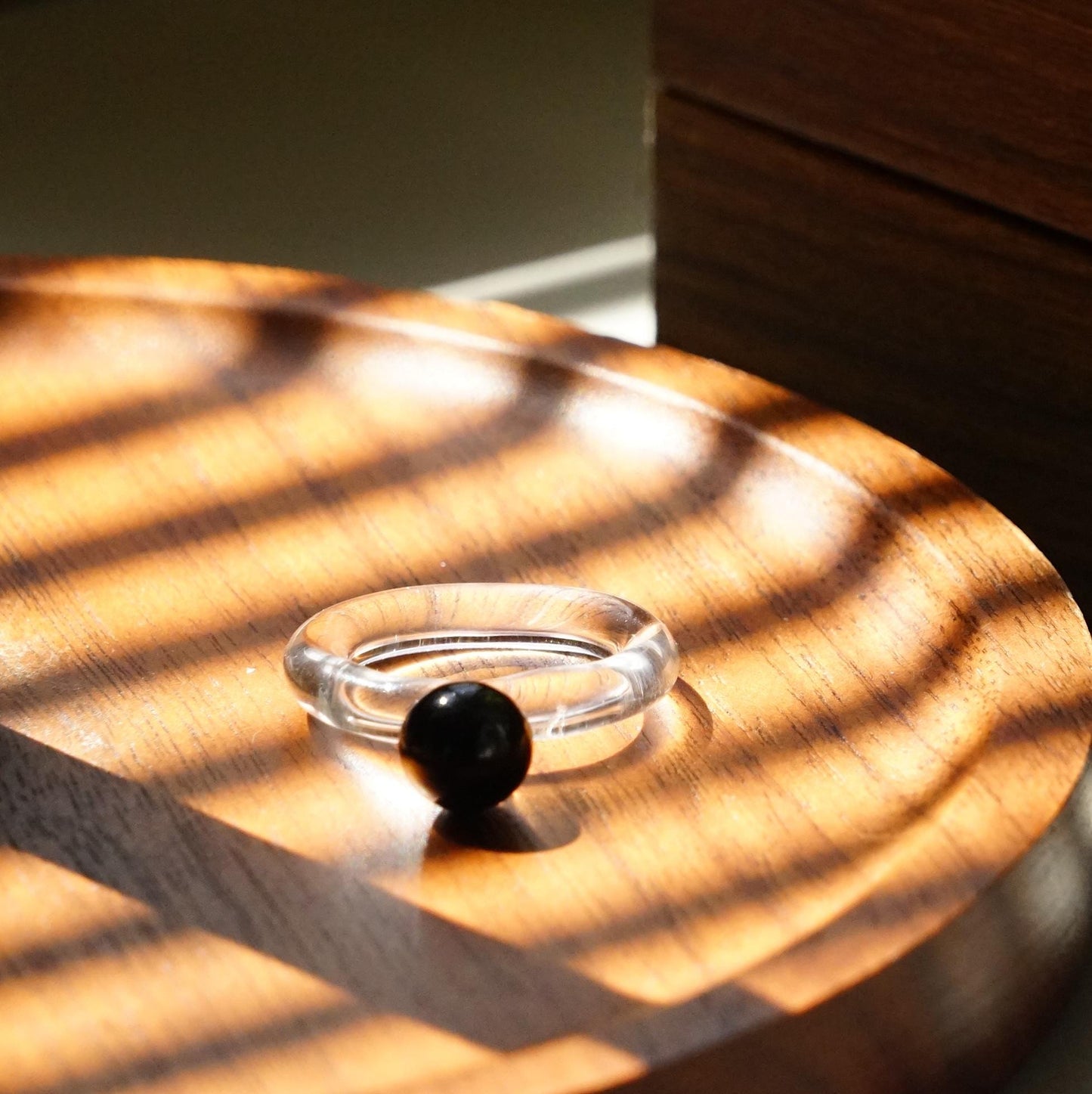 Minimalist Black Solitaire Lampwork Ring, Clear Borosilicate Glass Art Jewelry, Modern Contrast Gift