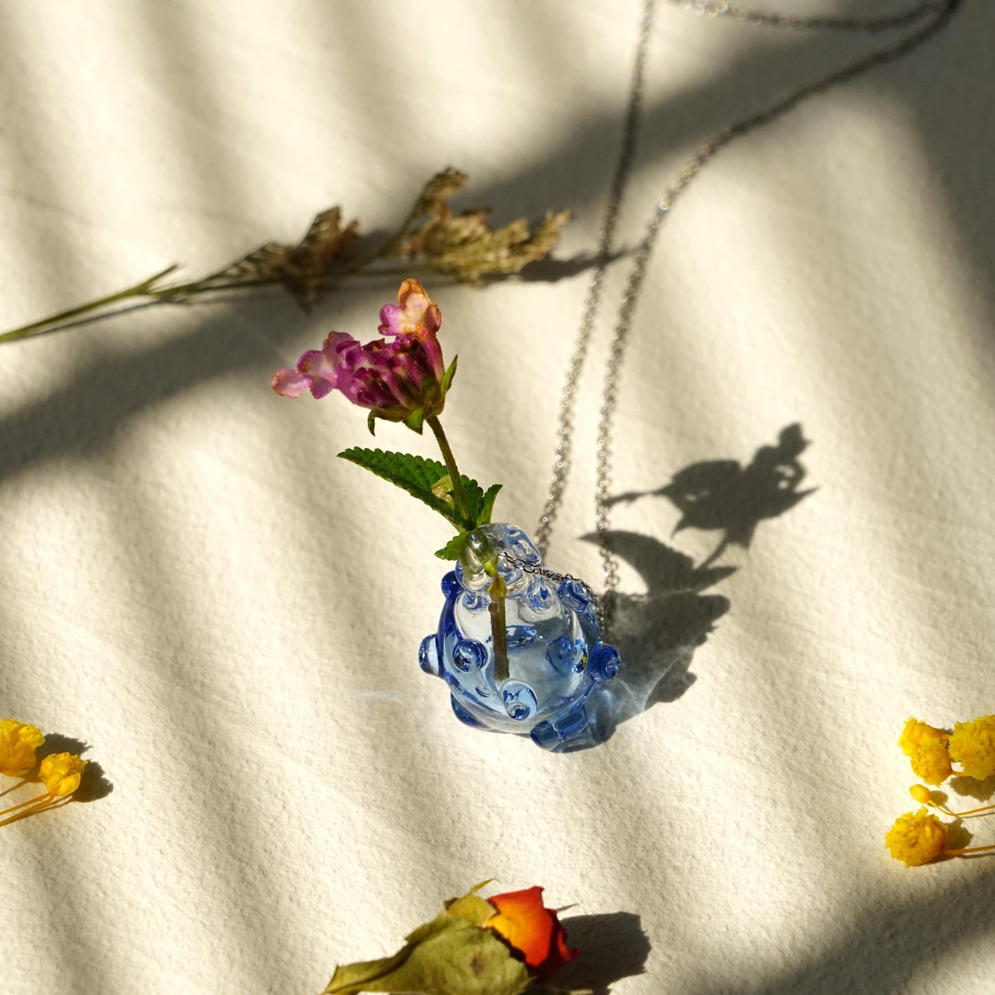 Blue Glass Mini Vase Necklace - Custom flower Jewelry, Handblown Botanical Pendant, Sterling Silver Chain