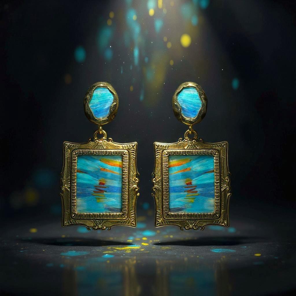 Monet Inspired Earrings, Mismatched Painting Jewelry with Feather Art, Statement Dangle, Unique Artist Gift