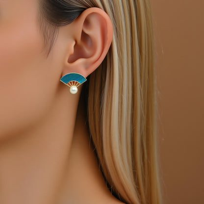 Peacock Feather Fan Earrings with Pearl