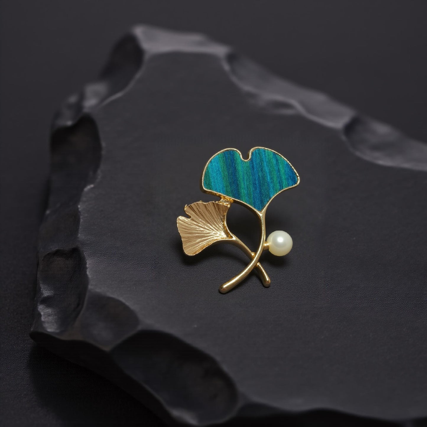 Ginkgo Leaf Brooch with Pearl