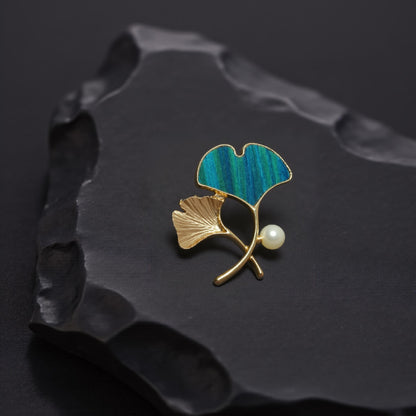 Ginkgo Leaf Brooch with Pearl