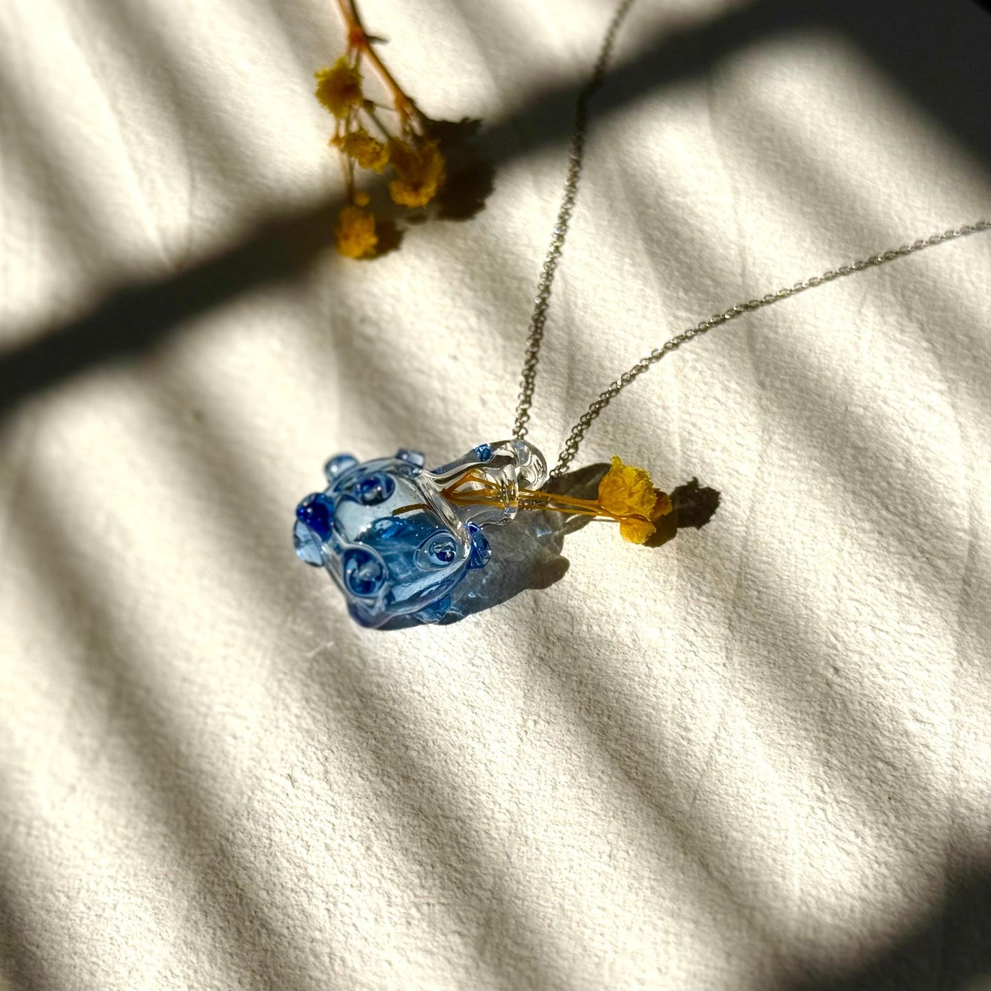 Blue Glass Mini Vase Necklace - Custom flower Jewelry, Handblown Botanical Pendant, Sterling Silver Chain