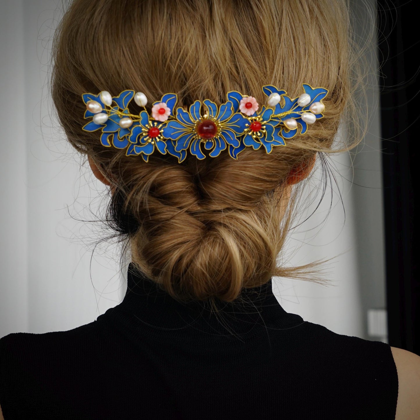 Elaborate Blue Flower Hair Comb, Vintage Style Art Pin with Pearls & Agate