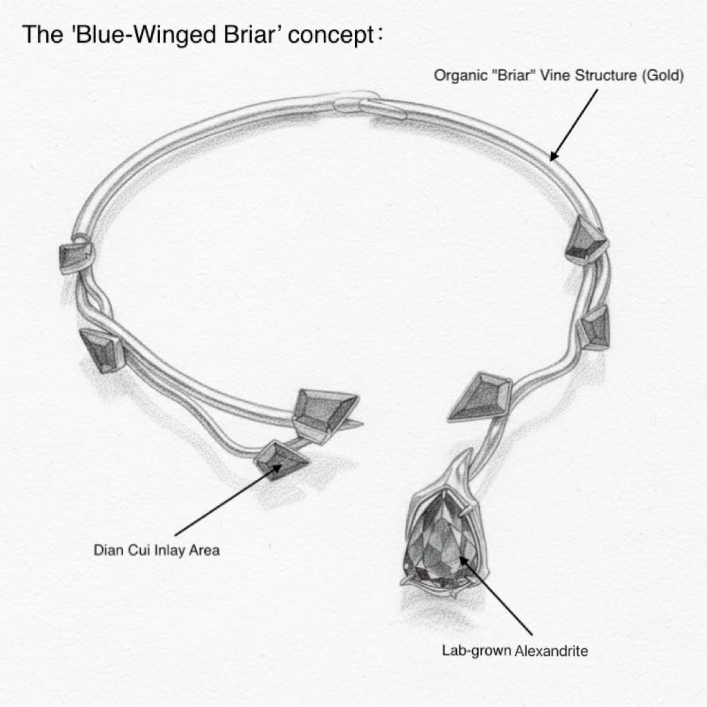 Reserved For [Tisha ]: Design Deposit "The Blue-Winged Briar" Custom Project