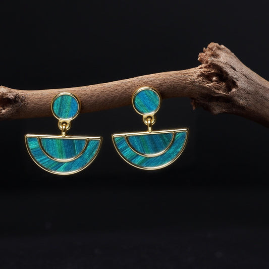 Feather Inlay Earrings: Handmade Gold & Teal Peacock Jewelry