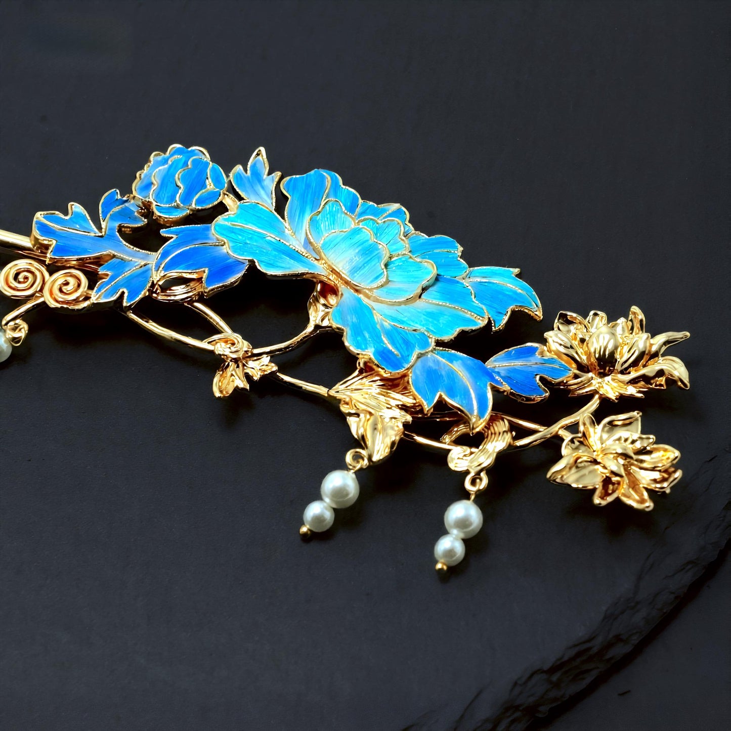 Vintage Floral Hairpin with Pearls, Dian Cui / Tian Tsui Art, Artisan Statement Jewelry, Art Piece Gift for Her