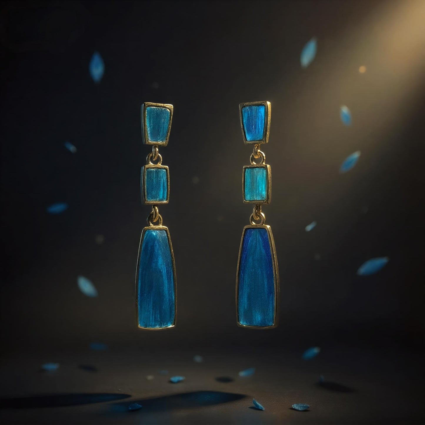 Art Deco Earrings with Peacock Feather, Long Geometric Dangle, Architectural Jewelry, Statement Gift for Her
