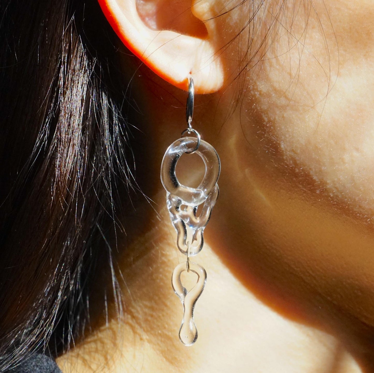 Clear Glass Chain Earrings, Handmade Lampwork Dangle, Sterling Silver Hooks, Modern Minimalist Jewelry, Unique Gift for Her