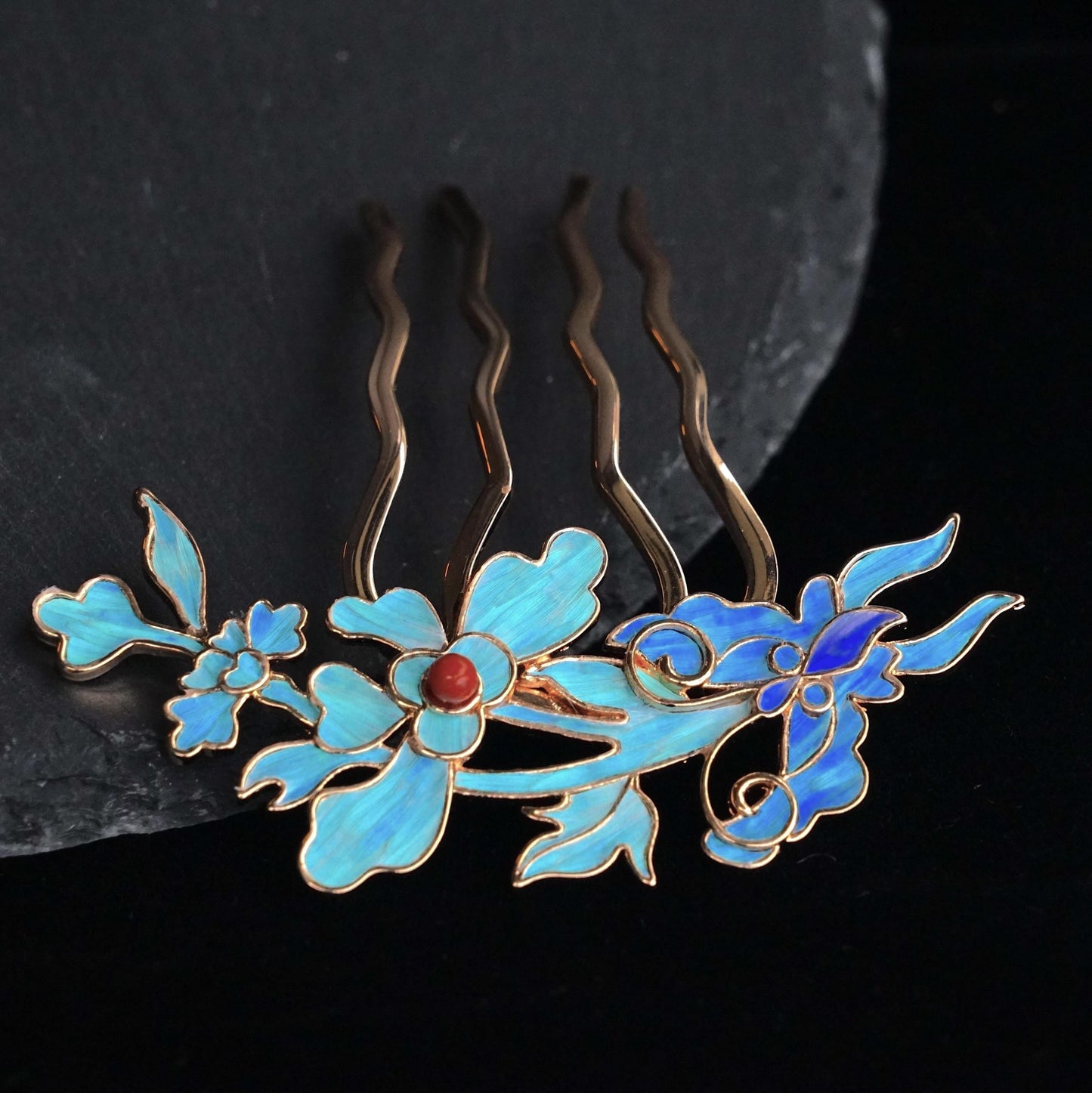 Dian Cui Iris Hairpin, Vintage Style Floral Hairpin with Red Agate, Art Piece Gift for Her