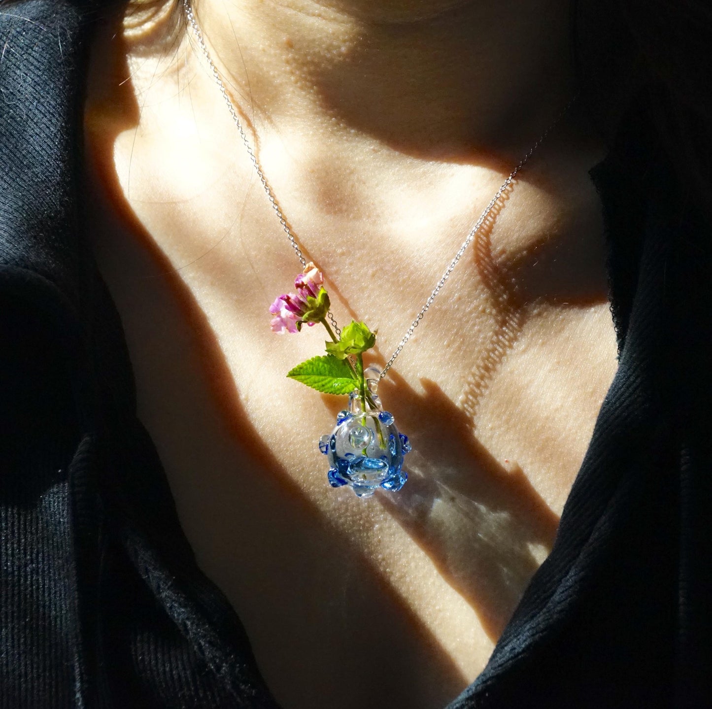 Blue Glass Mini Vase Necklace - Custom flower Jewelry, Handblown Botanical Pendant, Sterling Silver Chain