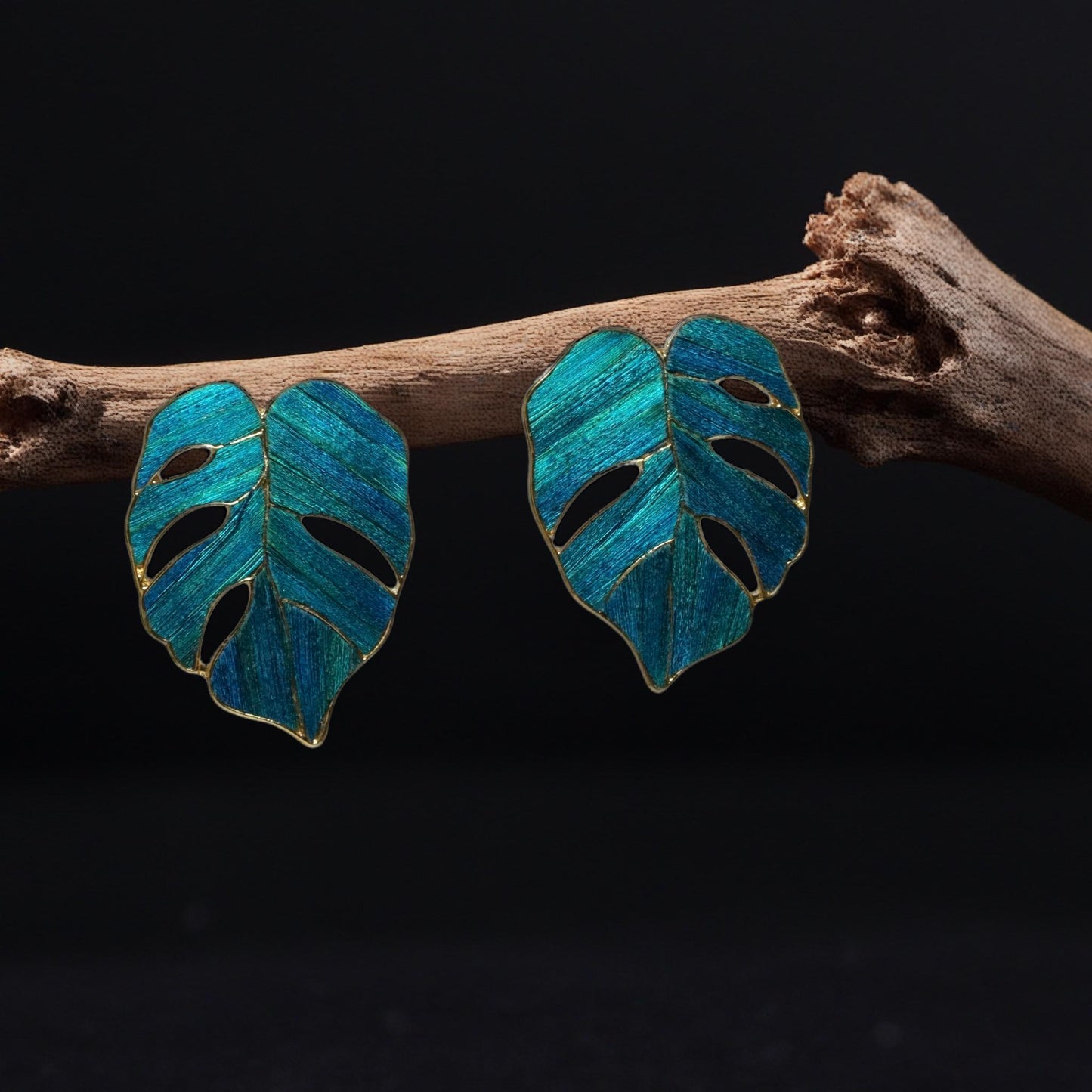 Monstera Leaf Earrings With Peacock Feather, Good Luck Charm, Unique Botanical Art Gift