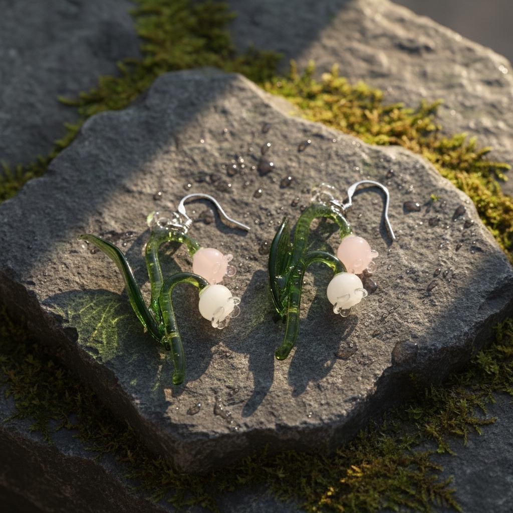 Handmade Lily of the Valley Earrings, Lampwork Glass Flower Dangle, Pink & White Bell, Gift For Her