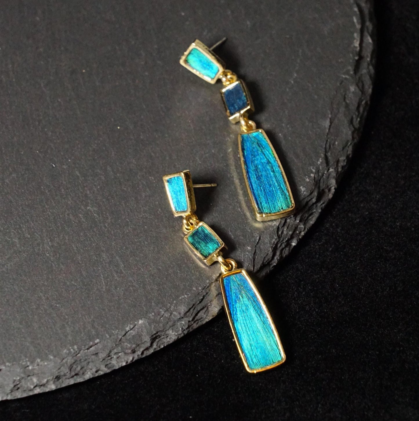Art Deco Earrings with Peacock Feather, Long Geometric Dangle, Architectural Jewelry, Statement Gift for Her