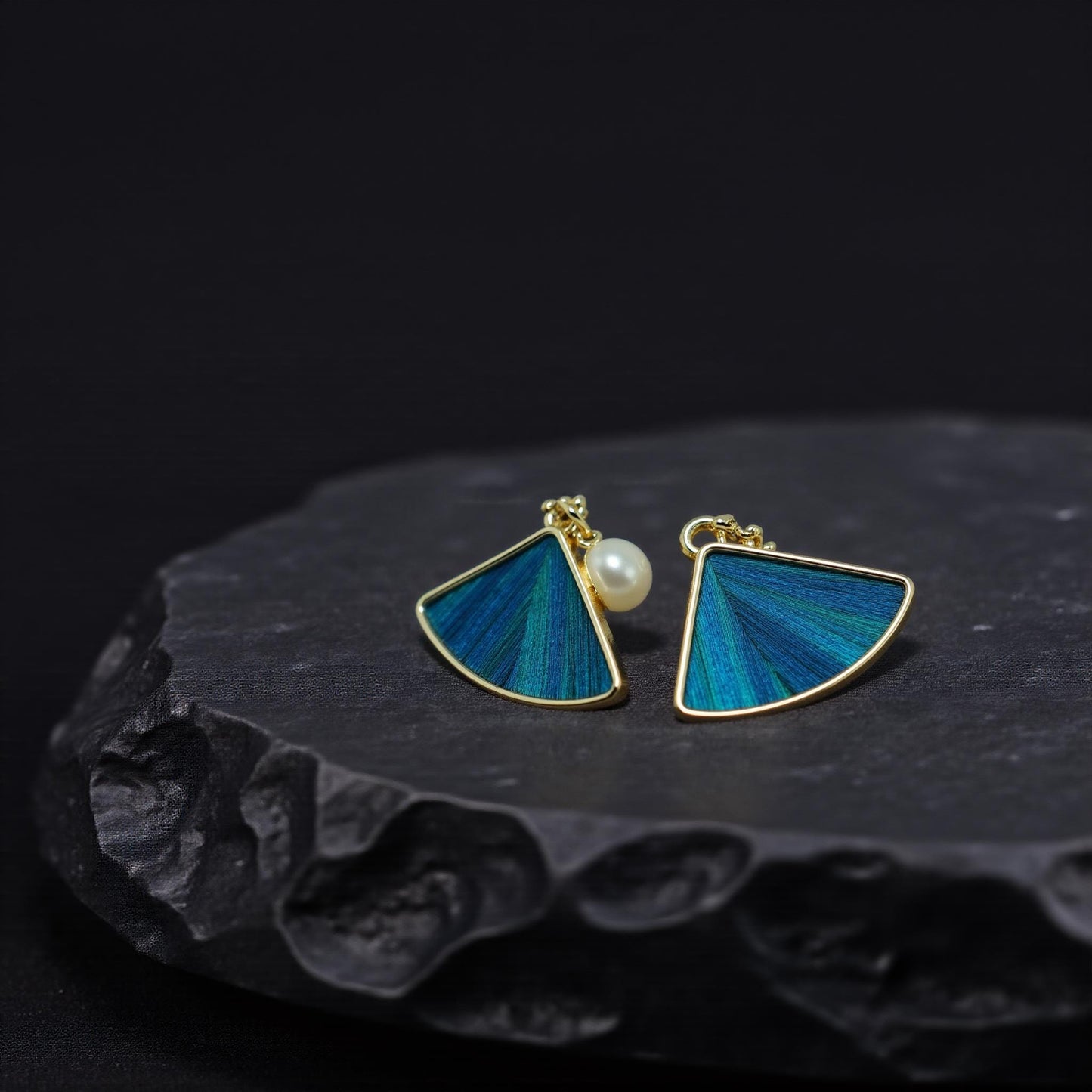 Fan Earrings with Peacock Feather & Pearl, Gold Statement Jewelry, Vintage Inspired Gift for Her