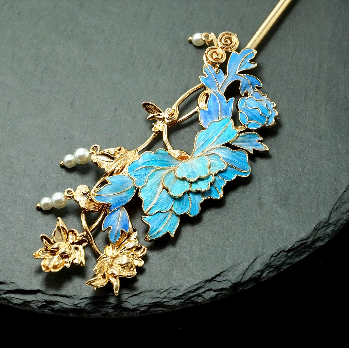 Vintage Floral Hairpin with Pearls, Dian Cui / Tian Tsui Art, Artisan Statement Jewelry, Art Piece Gift for Her