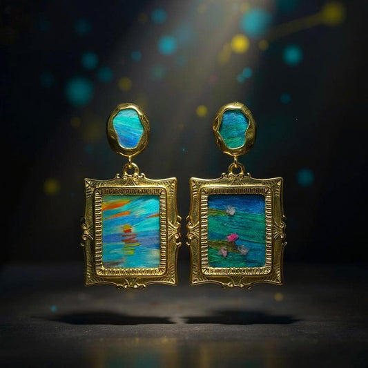 Monet Inspired Earrings, Mismatched Painting Jewelry with Feather Art, Statement Dangle, Unique Artist Gift
