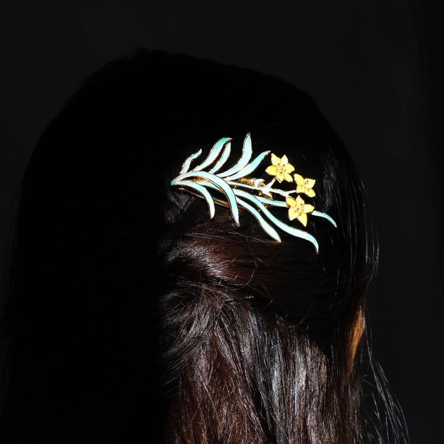 Daffodil Hair Comb, Blue Feather Floral Hair Slide, Gold Narcissus Jewelry, Unique Gift for Her, Dian Cui