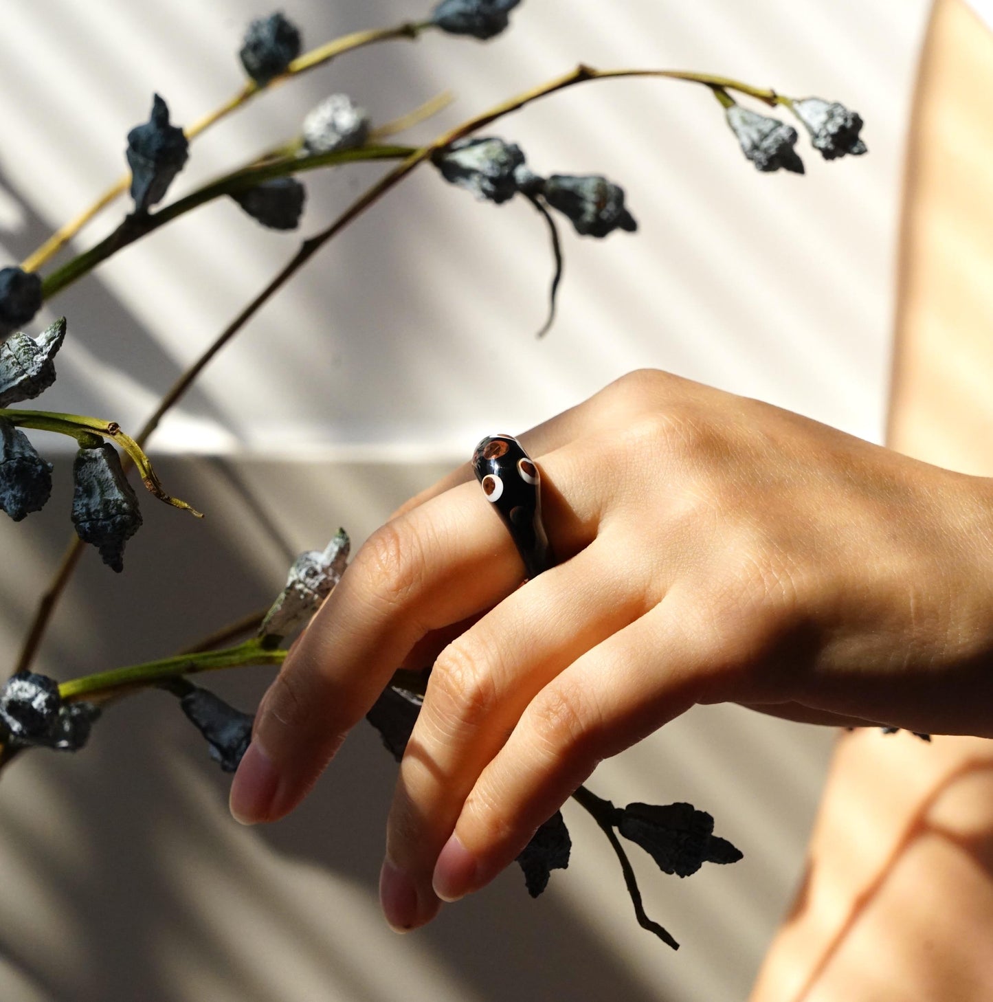 Handmade Black Glass Ring, Chunky Murano Glass Ring, Retro Tortoise Shell Style, Evil Eye Polka Dot, Unique Gift for Her