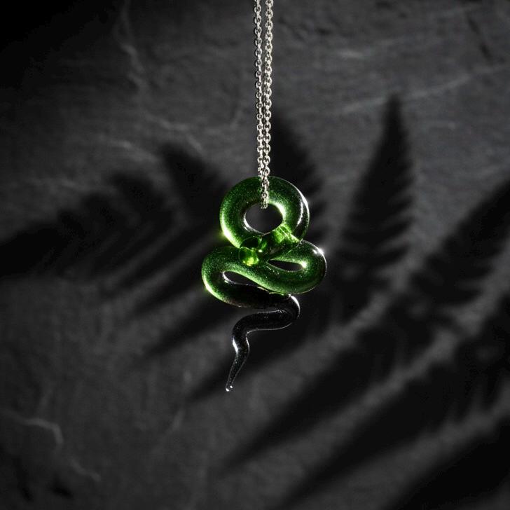 Handmade Glass Snake Necklace, Green Serpent Pendant, Lampwork Emerald Jewelry, Dark Academia Witchy Gift