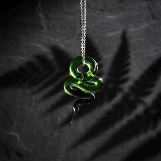 Handmade Glass Snake Necklace, Green Serpent Pendant, Lampwork Emerald Jewelry, Dark Academia Witchy Gift