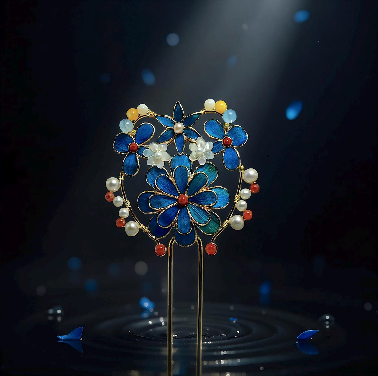 Exquisite Floral Hair Pin, Fine Peacock Feather Art, Classic Chinoiserie Jewelry, Statement Gemstone Hairpiece