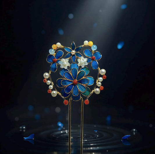 Exquisite Floral Hair Pin, Fine Peacock Feather Art, Classic Chinoiserie Jewelry, Statement Gemstone Hairpiece