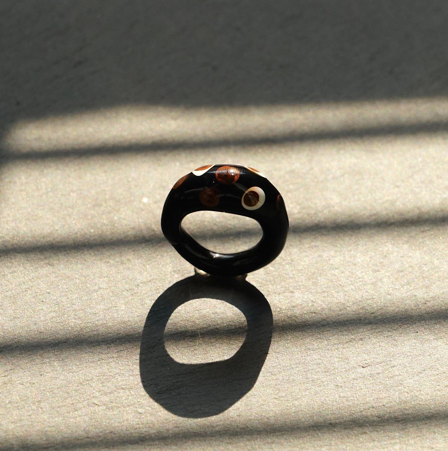 Handmade Black Glass Ring, Chunky Murano Glass Ring, Retro Tortoise Shell Style, Evil Eye Polka Dot, Unique Gift for Her
