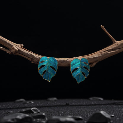 Monstera Peacock Feather Earrings