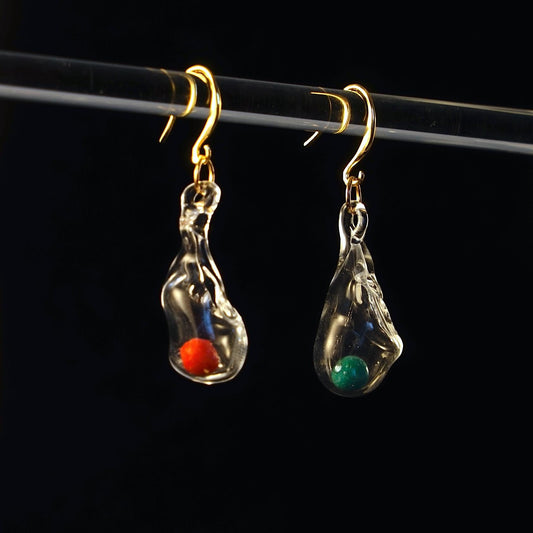 Christmas Bauble Lampwork Glass Earrings, Red & Green Orb Teardrop Dangles, Gold Plated 925 Silver Gift