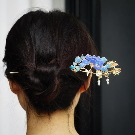 Artisan Floral Hair Pin with Feather & Pearls, Statement Hairpiece, Special Occasion Updo, Dian Cui/ Tian Tsui Art