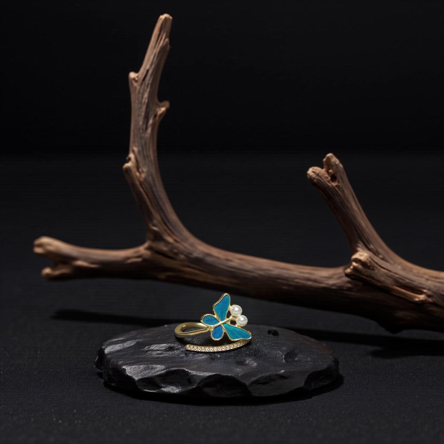 Butterfly Ring: Peacock Blue Feather, Gold Vine, Zircon - Adjustable