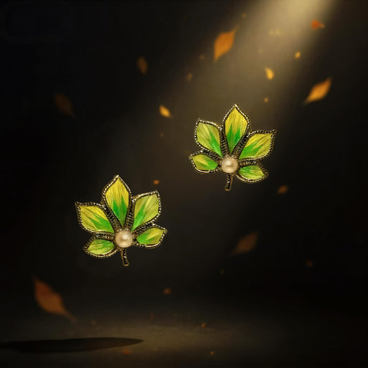 Green Maple Leaf Stud Earrings with Feather & Pearl, Handmade Botanical Jewelry, Unique Nature Gift for Her