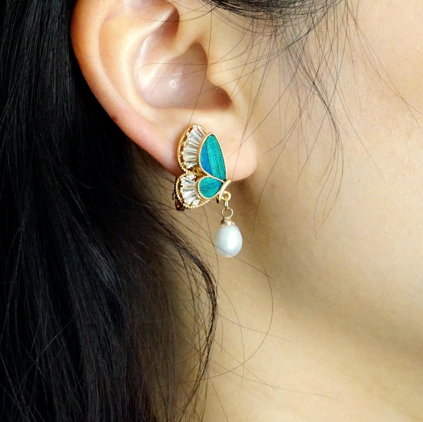 Butterfly Earrings with Pearl, Peacock Feather, Vintage Statement Jewelry