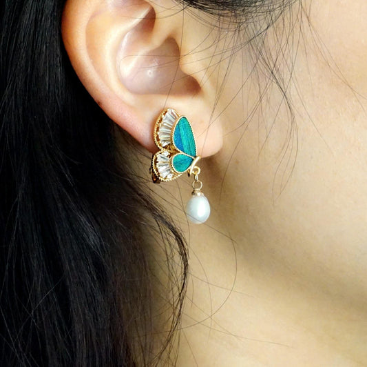 Butterfly Earrings with Pearl, Peacock Feather, Vintage Statement Jewelry