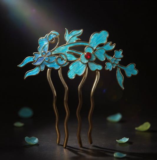 Dian Cui Iris Hairpin, Vintage Style Floral Hairpin with Red Agate, Art Piece Gift for Her