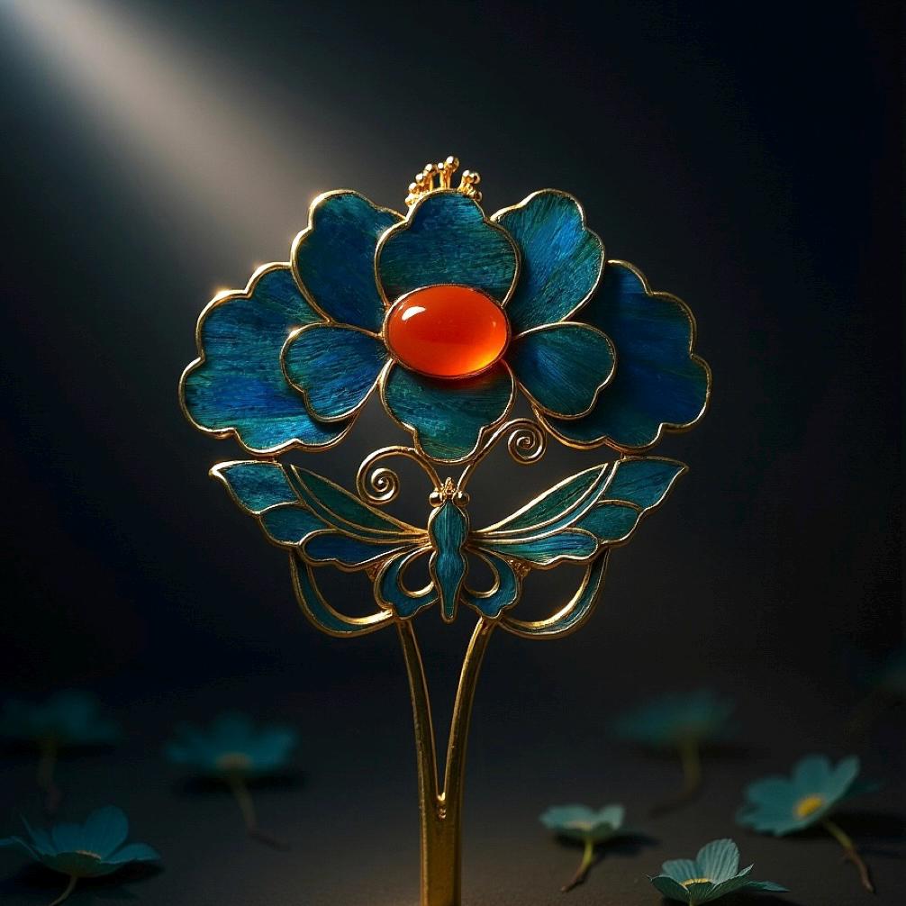 Dian Cui Butterfly Hairpin with Red Agate, Vintage Floral Hair Stick, Art Piece Gift for Her