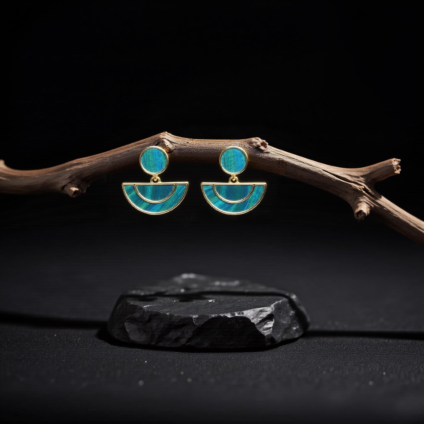 Feather Inlay Earrings: Handmade Gold & Teal Peacock Jewelry