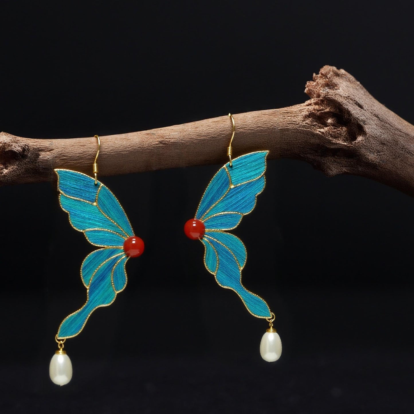 Agate Pearl Butterfly Earrings, Gold Art Nouveau Dangle with Peacock Feather, Unique Gift for Her