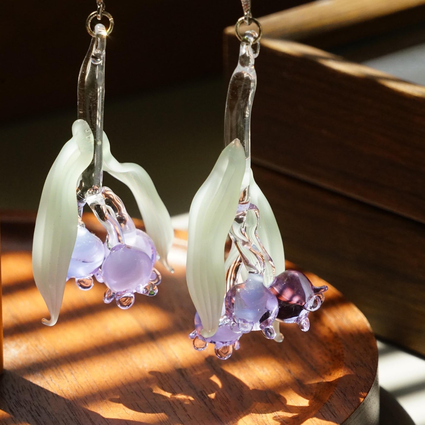 Lily of the Valley Lampwork Glass Earrings - Handmade Dainty Floral Dangles - Unique Botanical Garden Gift