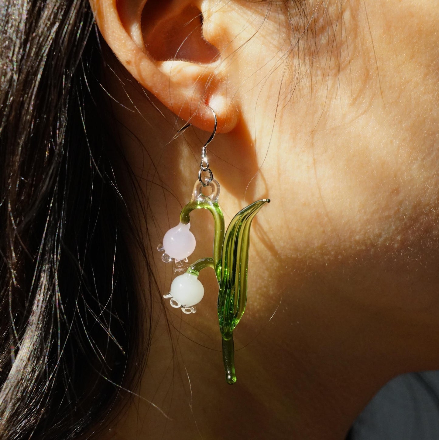 Handmade Lily of the Valley Earrings, Lampwork Glass Flower Dangle, Pink & White Bell, Gift For Her