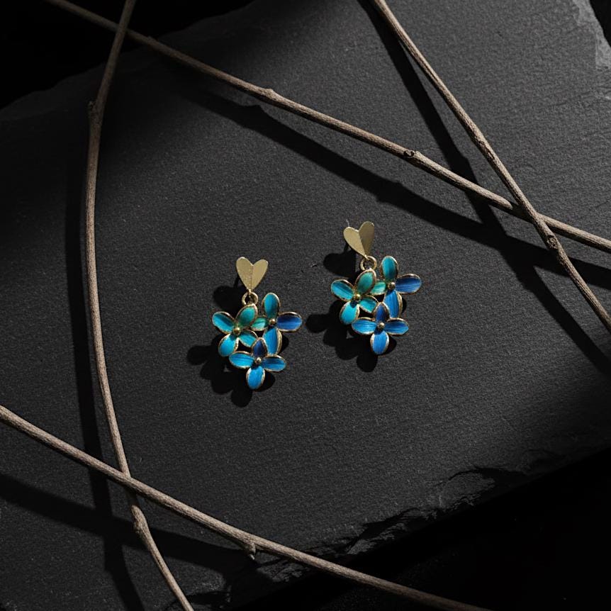 Blue Hydrangea Flower Stud Earrings, Feather Art Jewelry, Vintage Style Forget Me Not, Romantic Gold Heart Gift for Her