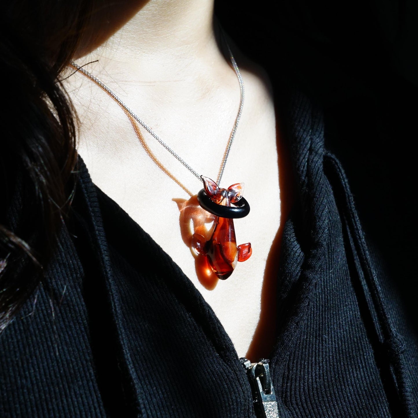 Glass Dolphin Pendant Necklace - Lampwork Marine Animal Jewelry - Unique Ocean Theme Statement Gift