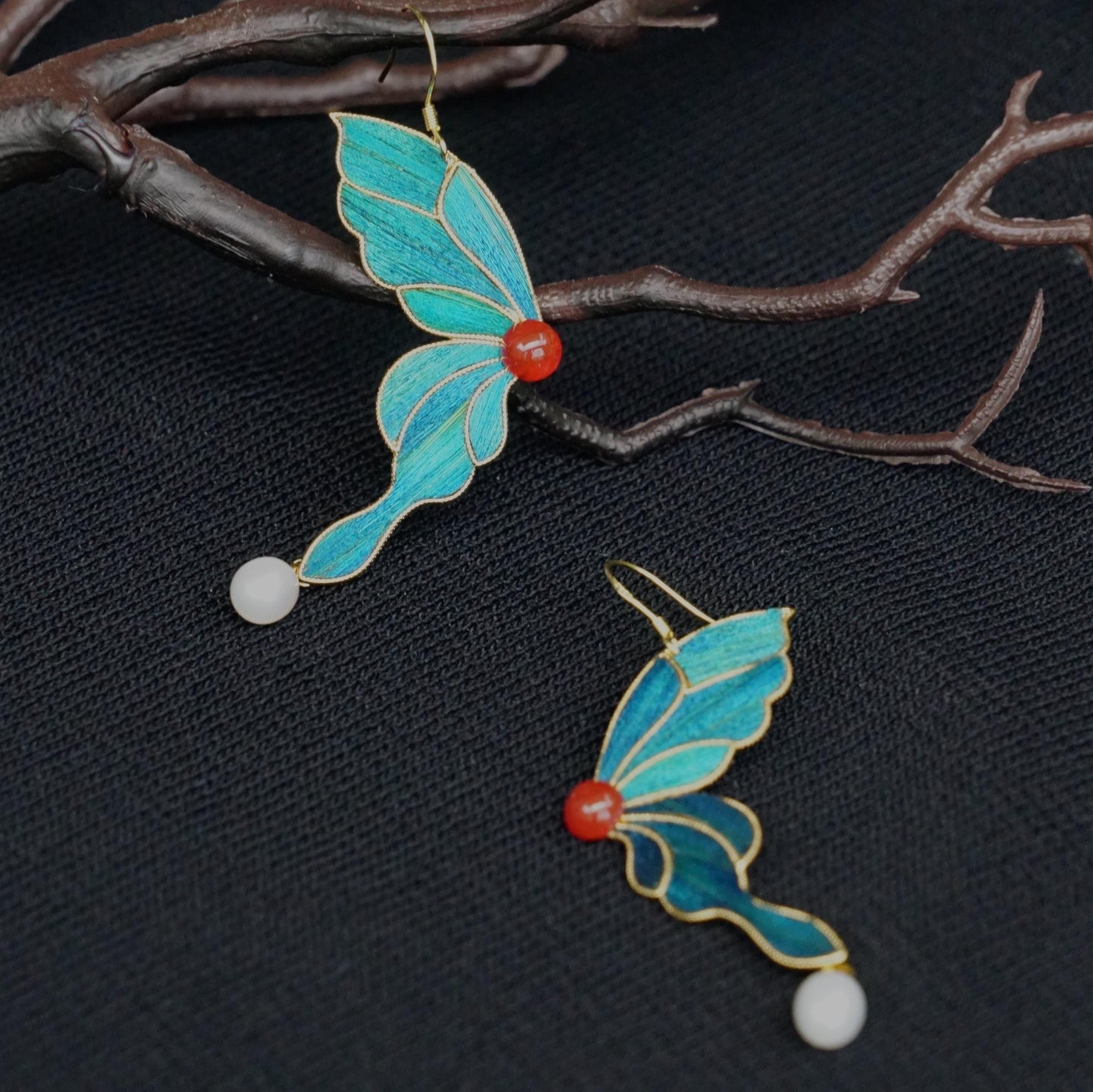 Agate Pearl Butterfly Earrings, Gold Art Nouveau Dangle with Peacock Feather, Unique Gift for Her