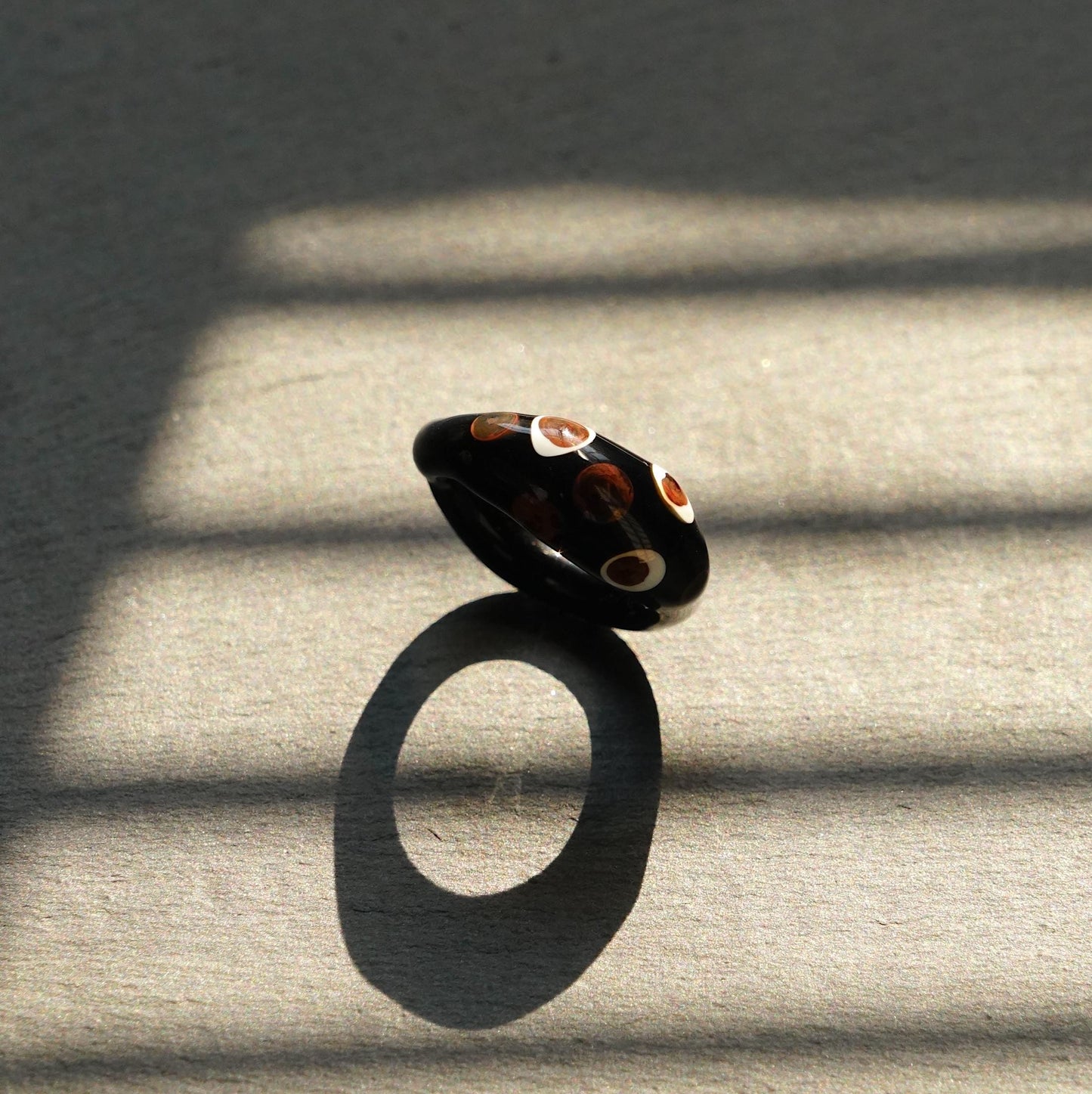 Handmade Black Glass Ring, Chunky Murano Glass Ring, Retro Tortoise Shell Style, Evil Eye Polka Dot, Unique Gift for Her