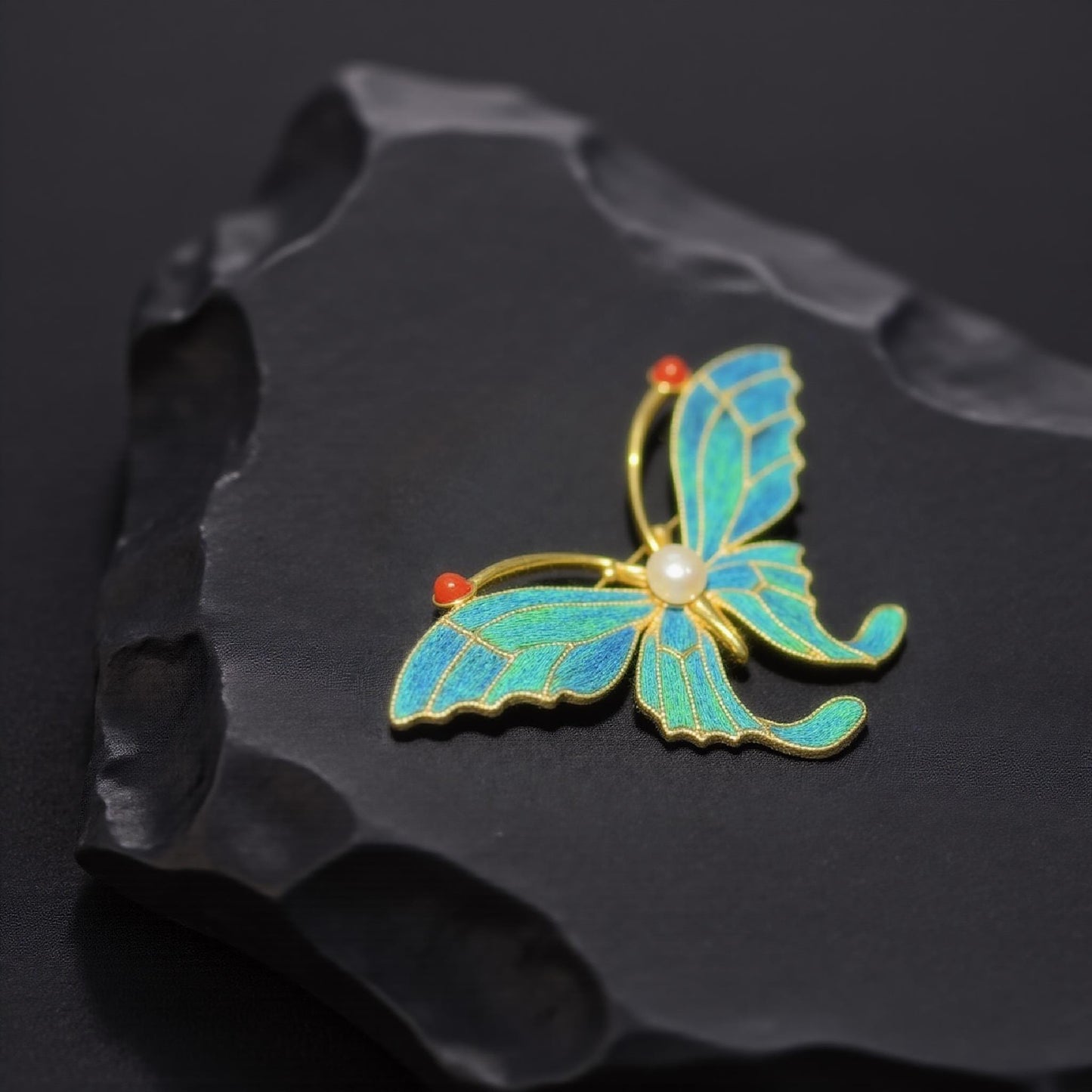 Butterfly Brooch With Pearl, Vintage Style Dian Cui/Tian Tsui Pin, Unique Christmas Gift