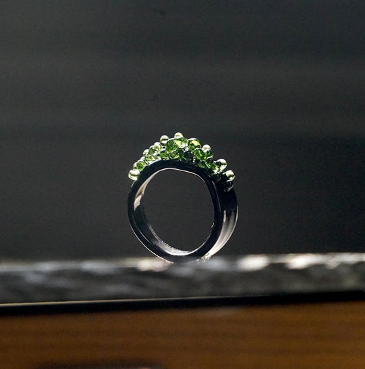 Handmade Chunky Glass Ring, Green Moss Bubble Ring, Black Lampwork Band, Goblincore Witchy Jewelry, Unique Statement Ring