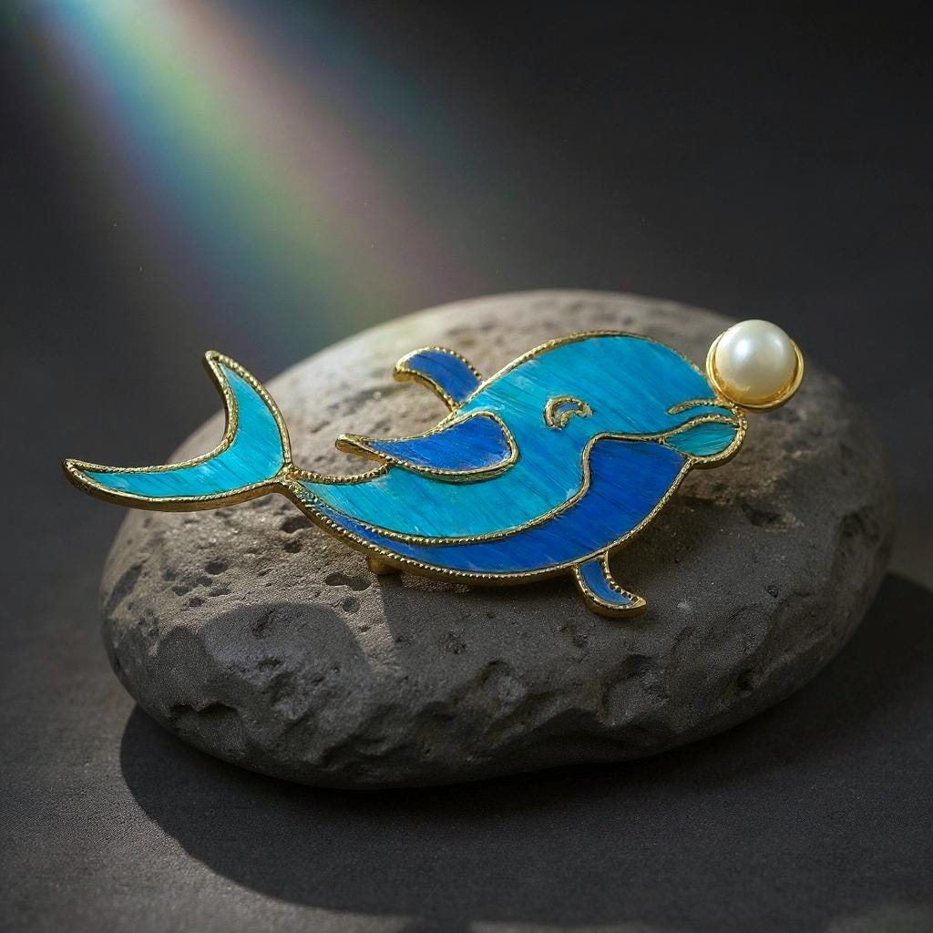 Dolphin Brooch with Pearl, Ocean Guardian Art Pin, Oceanic Collector's Art, Statement Marine Jewelry, Meaningful Gift for Her